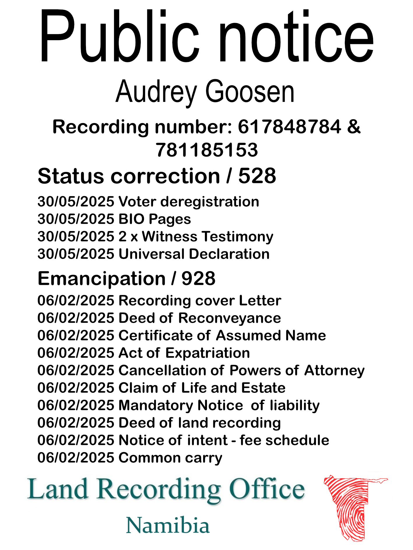 Public Notice Audrey Goosen (c) Recording number 617848784 & 781185153